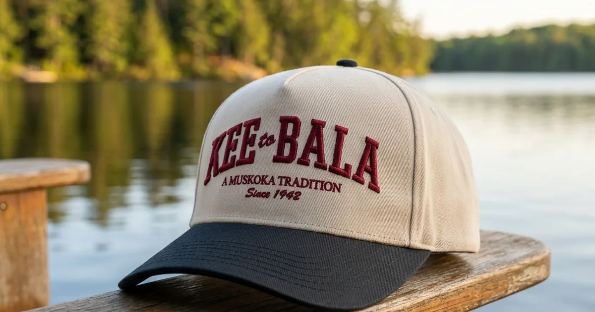 The KEE to Bala custom snapback with raised 3D embroidery on a Muskoka chair by the lake