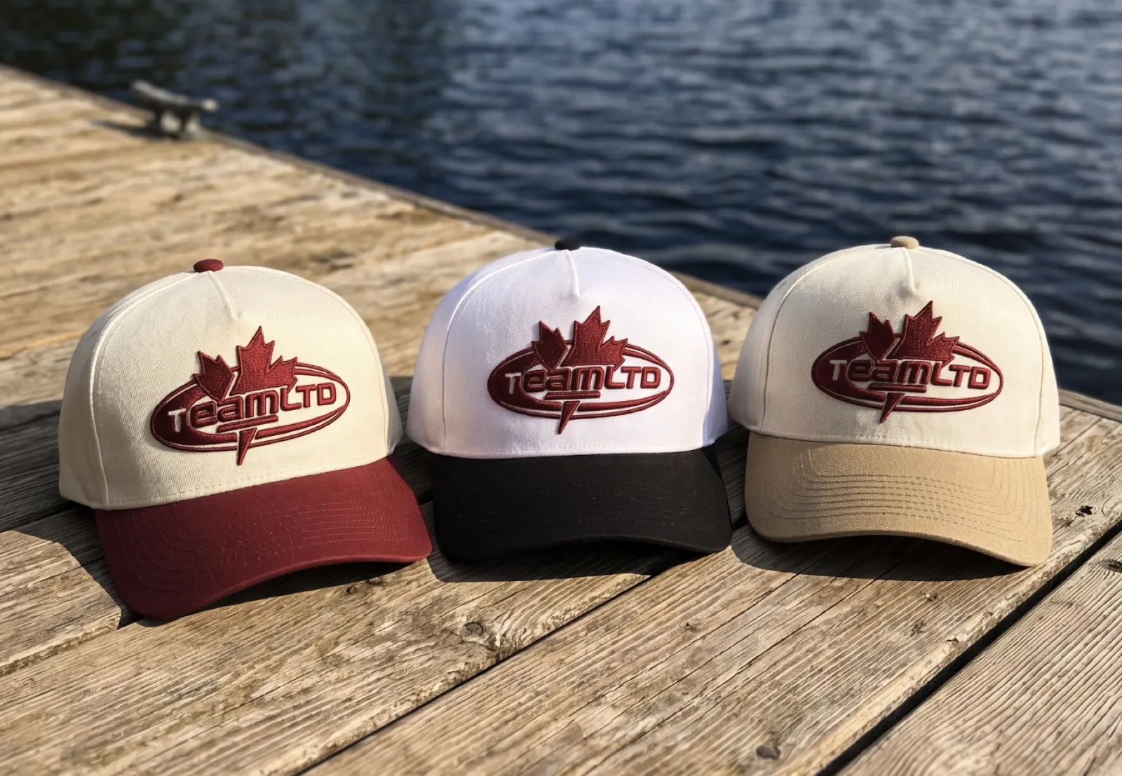 Three custom two-tone snapback hats with embroidered logos on a cottage dock in Ontario