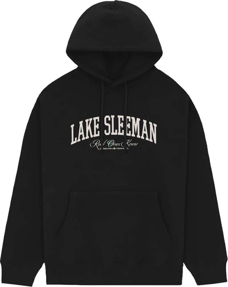 Custom black heavyweight hoodie with embroidered Lake Sleeman logo by LTD Customs
