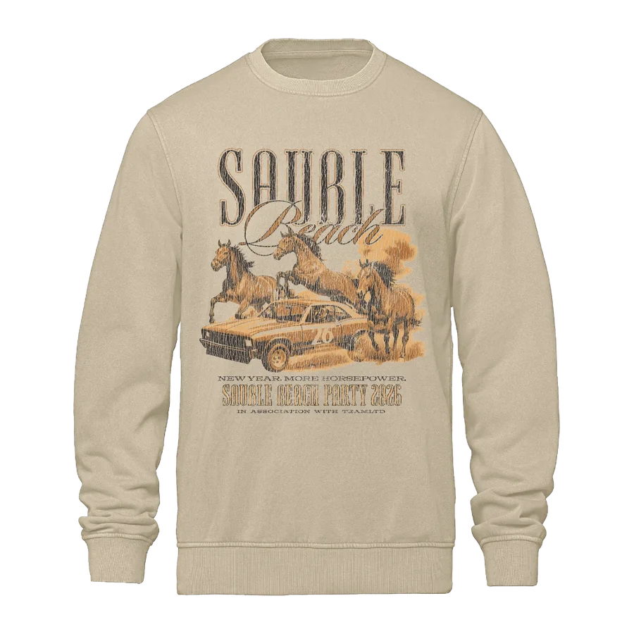 Sauble Beach Party 2026 crewneck sweatshirt in vintage-wash sand with a printed horses and race car graphic