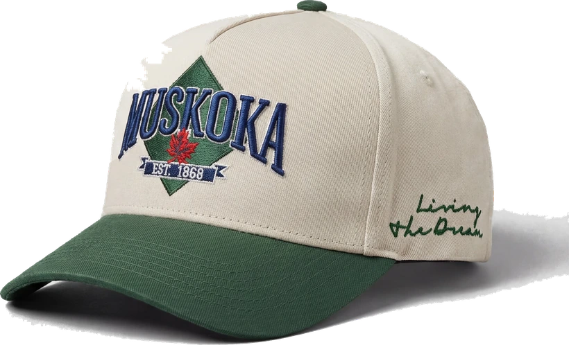 Custom Muskoka hat, cream and green embroidered snapback