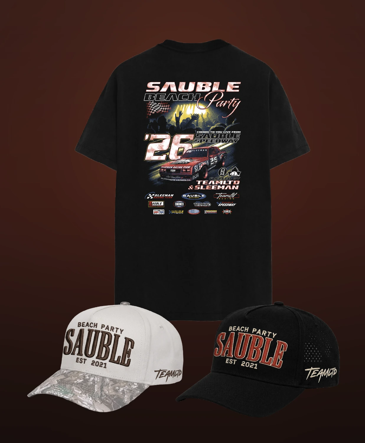 Sauble Beach Party '26 festival merch drop, matching tee, hoodie and caps by LTD Customs