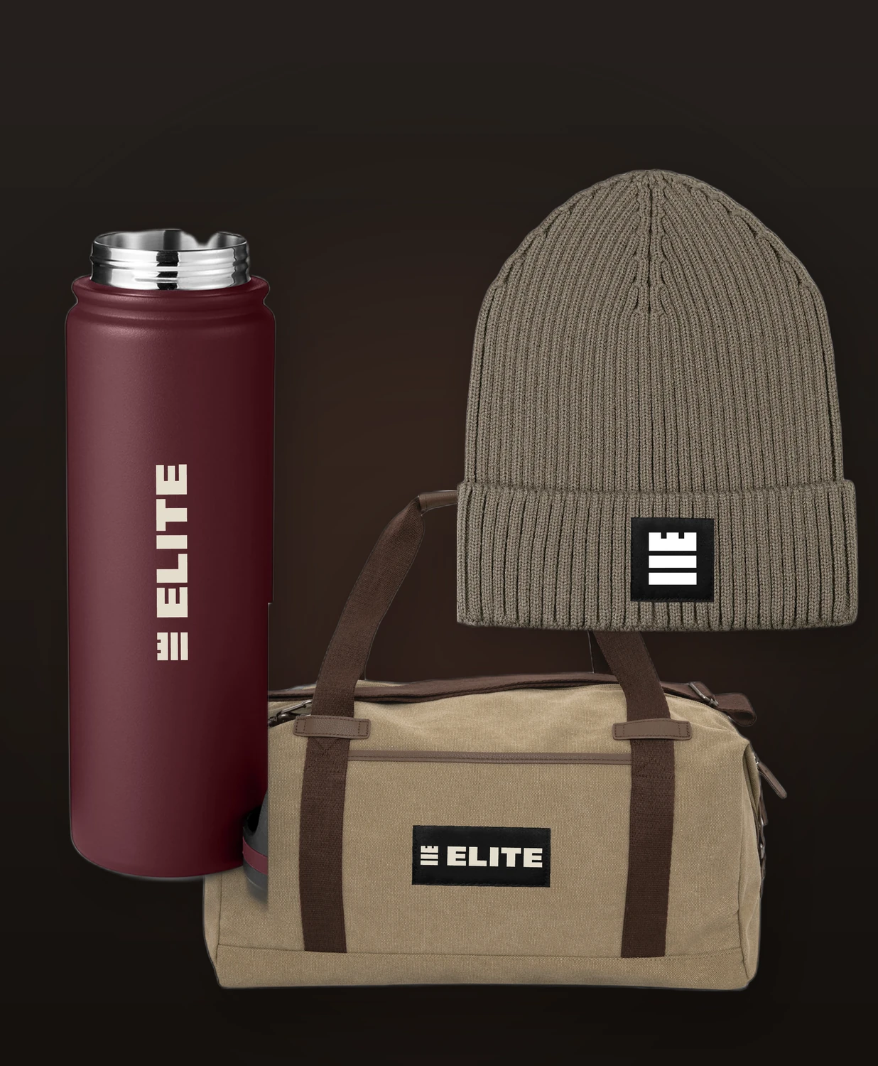 Custom corporate gift set Ontario, branded water bottle, canvas duffel and ribbed toque by LTD Customs
