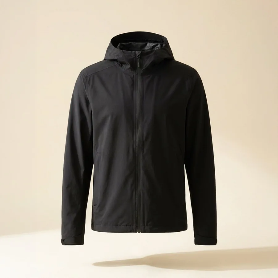 Black packable rain shell jacket with hood