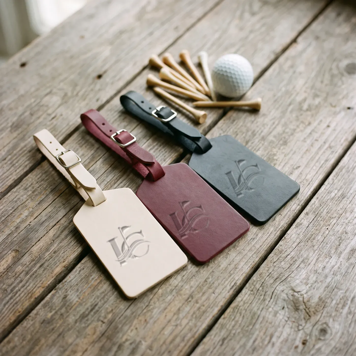 Custom leather golf bag tags in cream, burgundy and black
