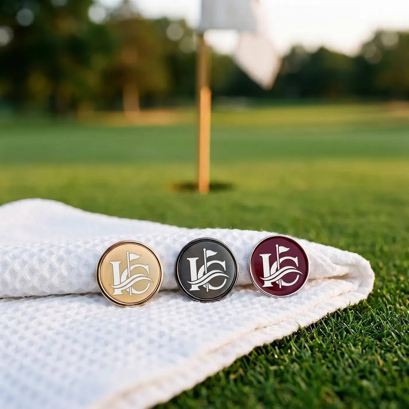 Custom enamel magnetic golf ball markers on a course towel