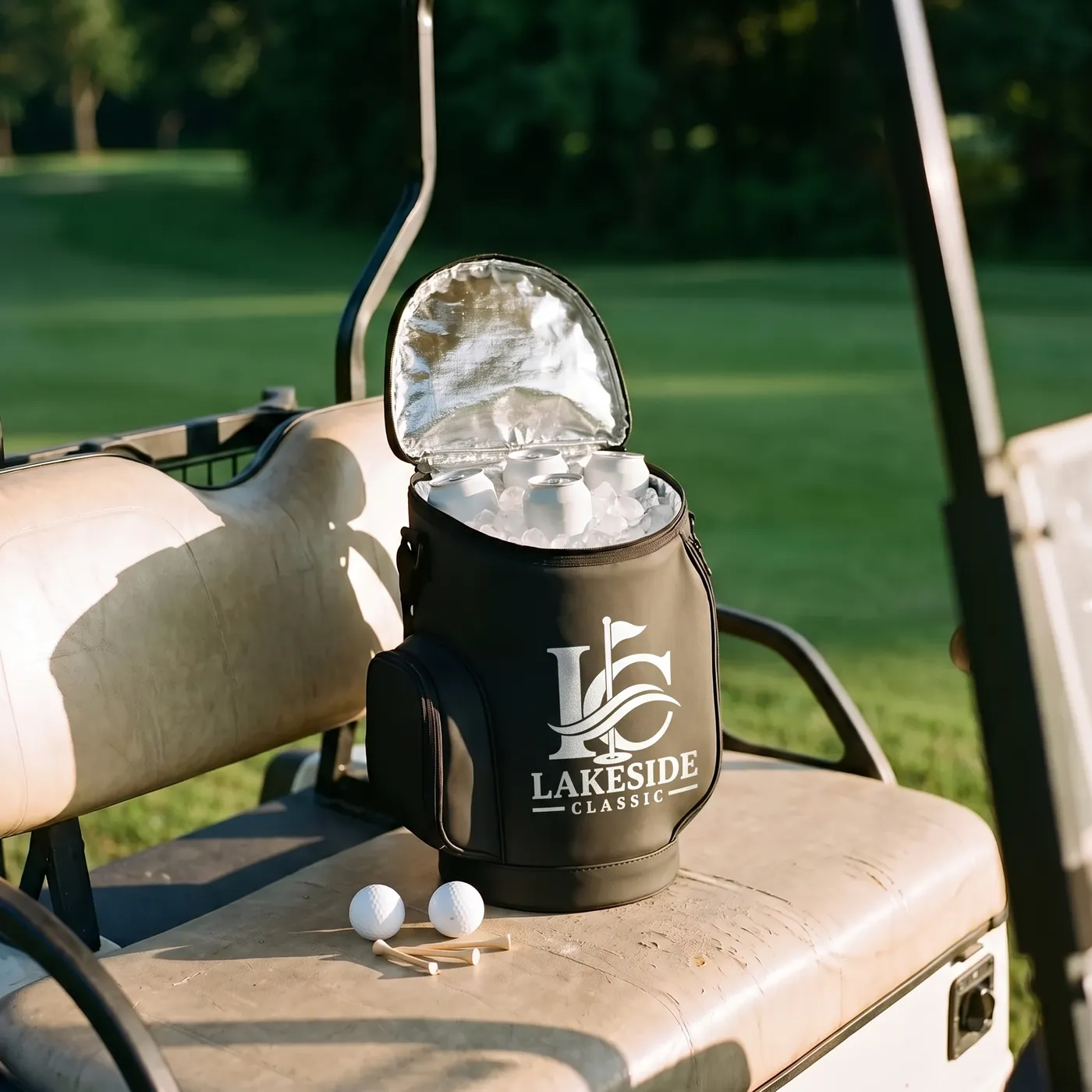 Golf-bag shaped custom cooler with iced drinks on a golf cart