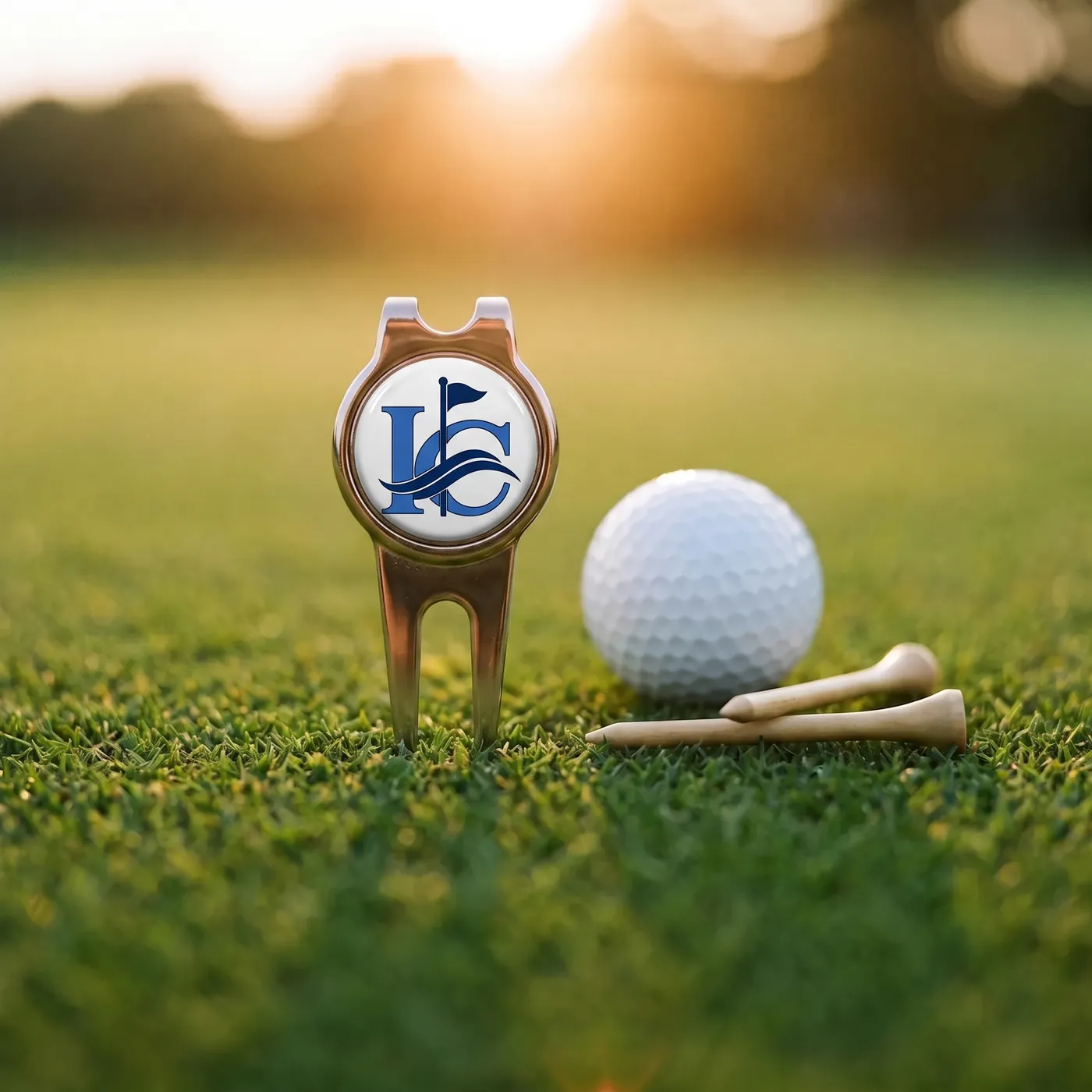 Custom divot repair tool with blank ball marker on the green at sunset
