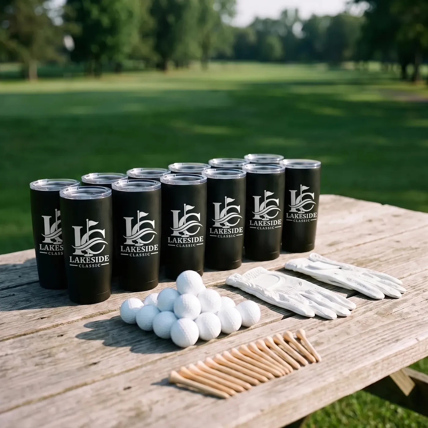 Branded golf tournament gift table program by LTD Customs