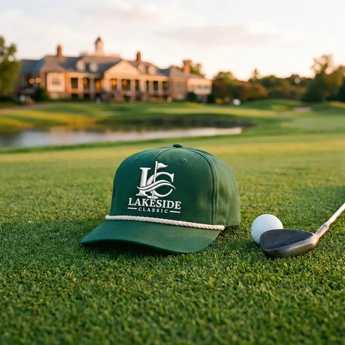 Custom forest green rope cap on a putting green at golden hour