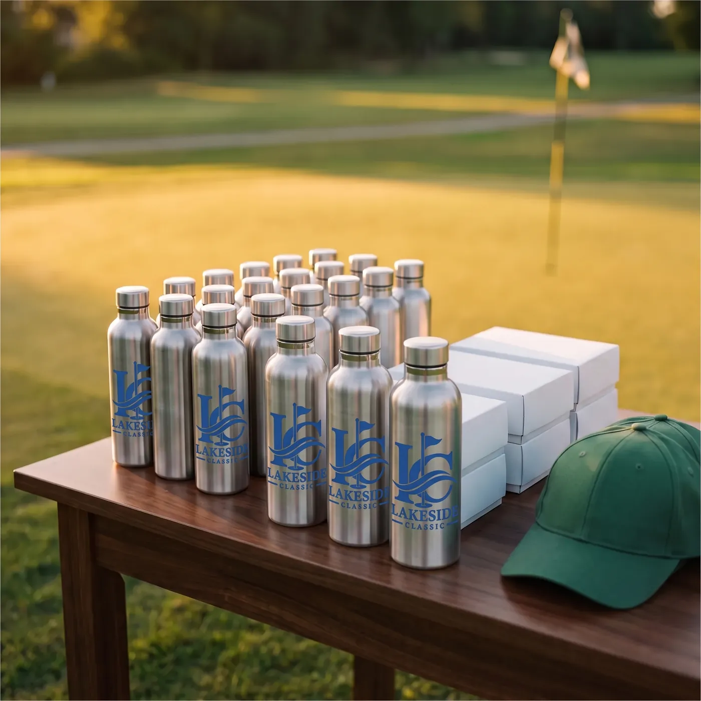 Golf tournament sponsor table with custom water bottles and ball sleeve boxes