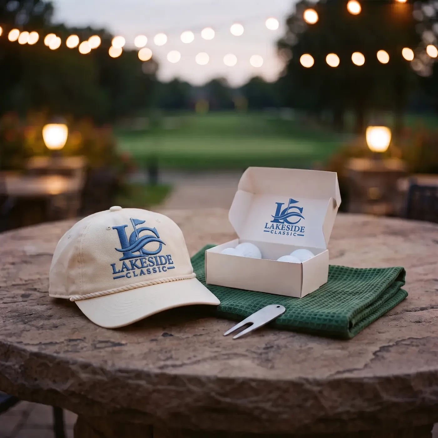 Golf tournament winner prize kit, custom cap, golf ball dozen, towel and divot tool at the clubhouse