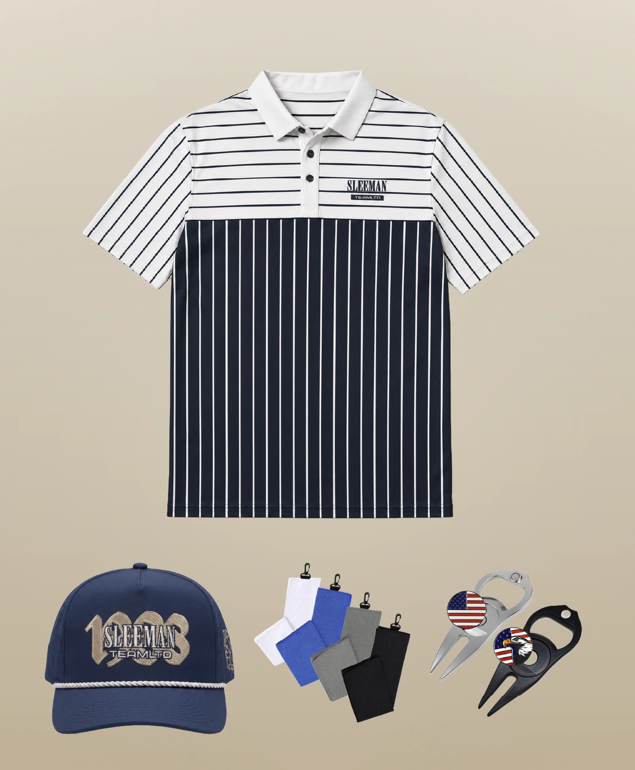 Golf tournament merchandise Canada, custom rope cap, polo, towels and divot tools by LTD Customs
