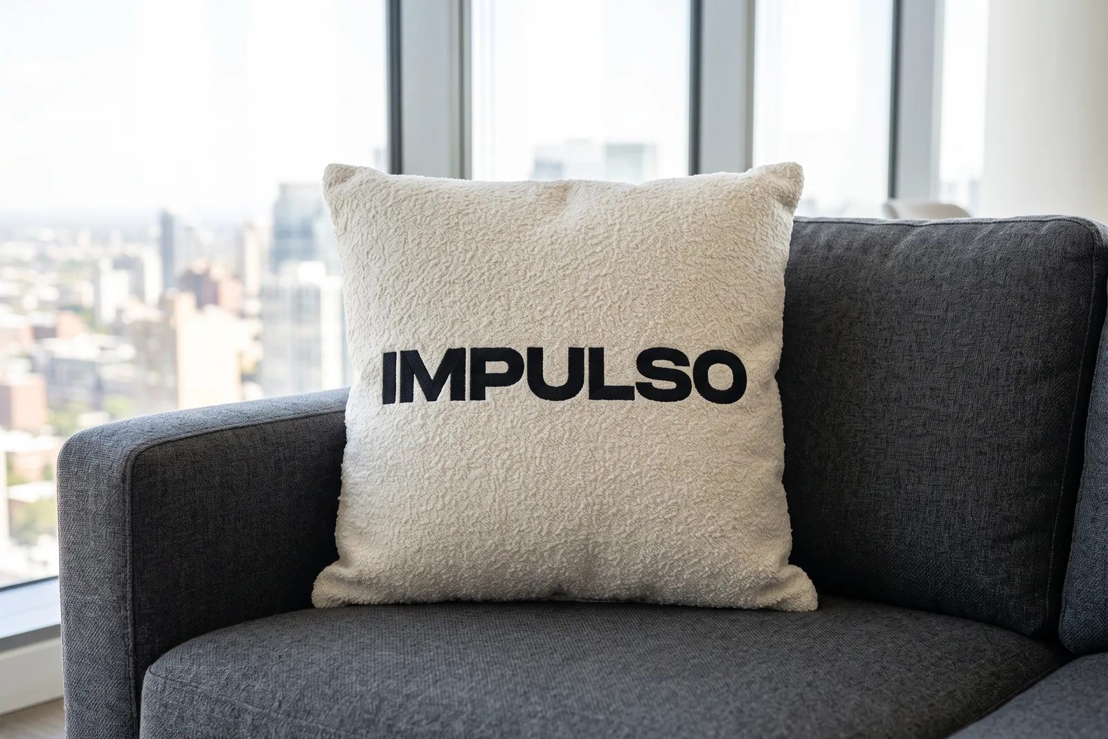 Cream boucle throw pillow with the IMPULSO wordmark embroidered in black thread on a grey sofa