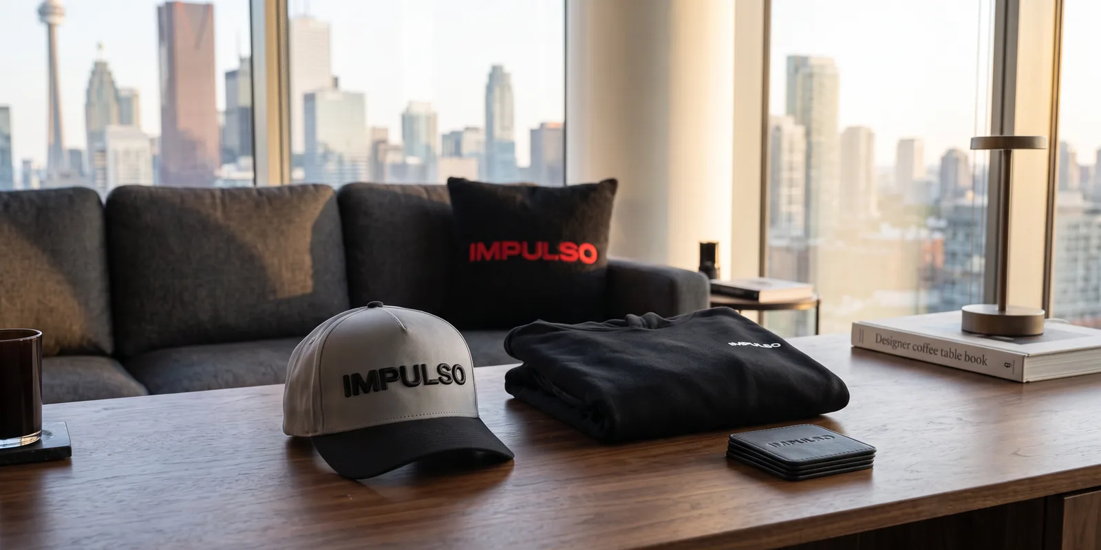 Impulso Media custom merch: grey and black snapback, black hoodie, debossed leather coasters and a black pillow with red embroidery