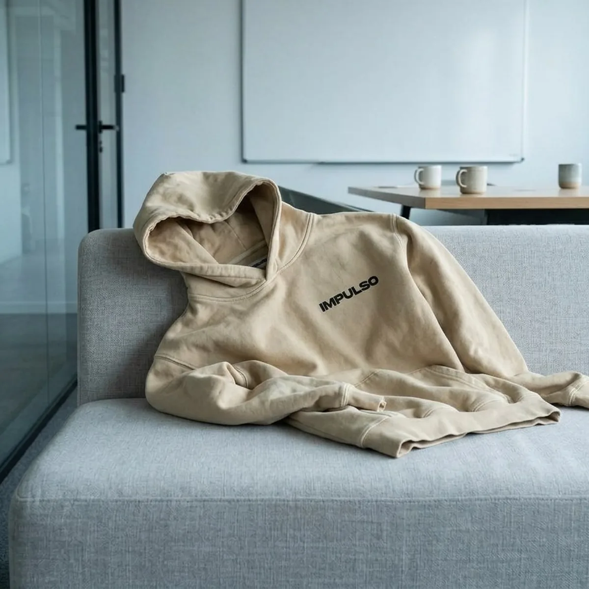 Impulso Media sand hoodie draped over a grey sofa in an agency office