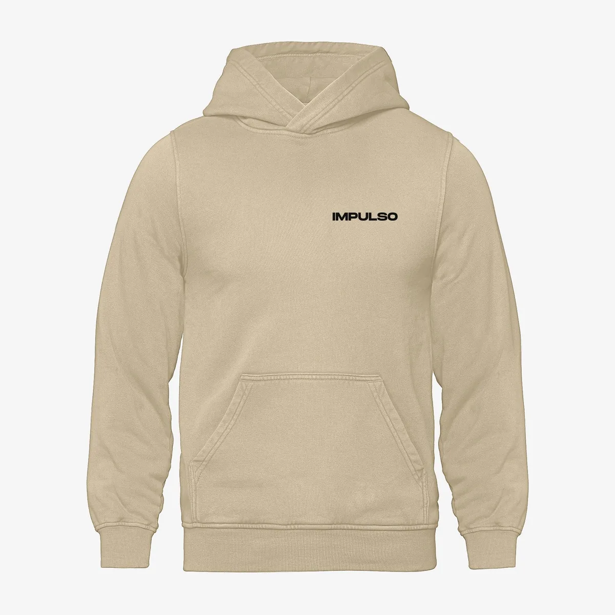 Impulso Media custom sand hoodie with a small black embroidered IMPULSO wordmark on the left chest