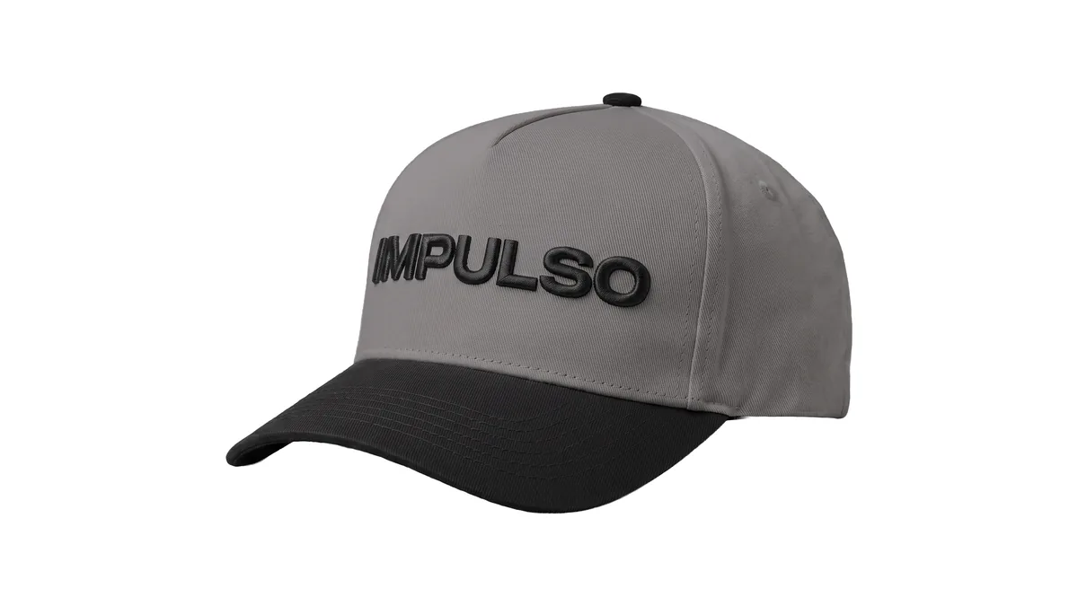 Impulso Media custom 5-panel snapback, grey crown, black brim, black 3D embroidered IMPULSO wordmark