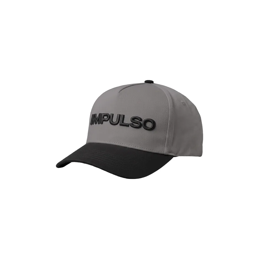 Impulso Media custom 5-panel snapback, grey crown, black brim, black 3D embroidered IMPULSO wordmark