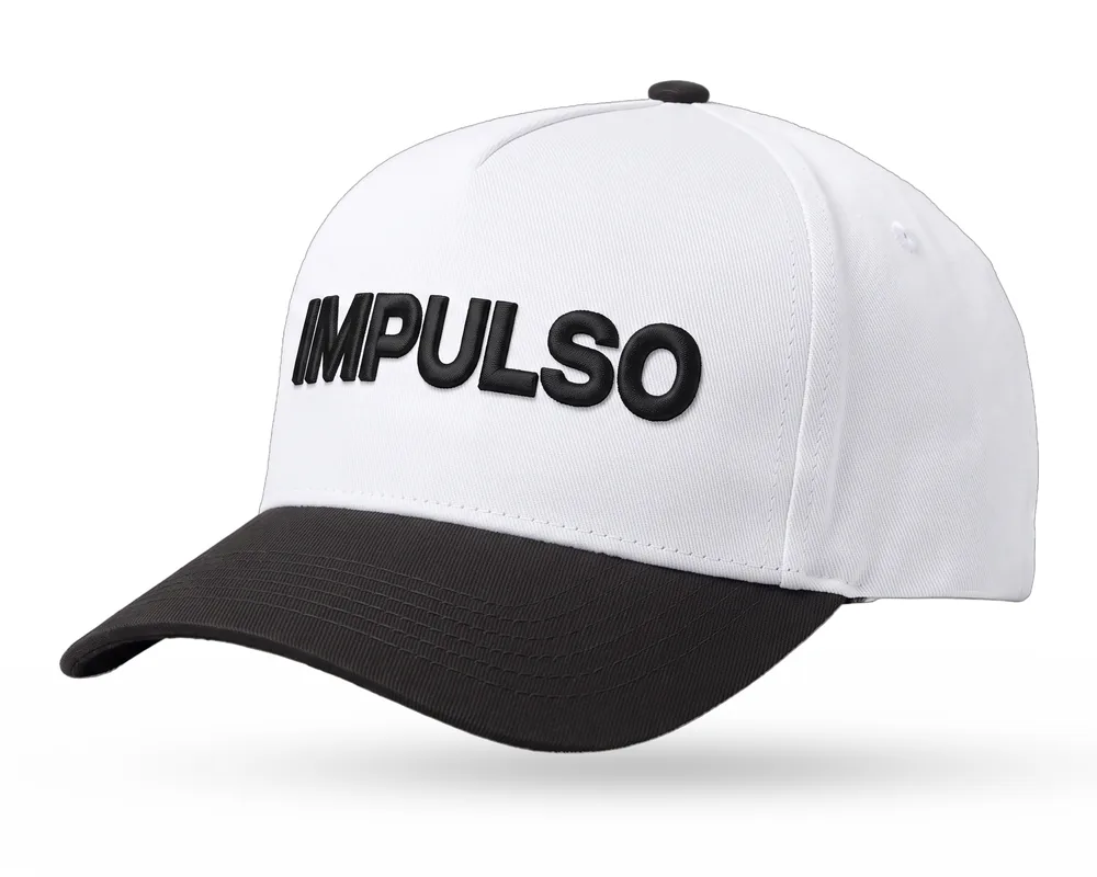 Impulso Media custom 5-panel snapback, white crown, black brim, black 3D embroidered IMPULSO wordmark