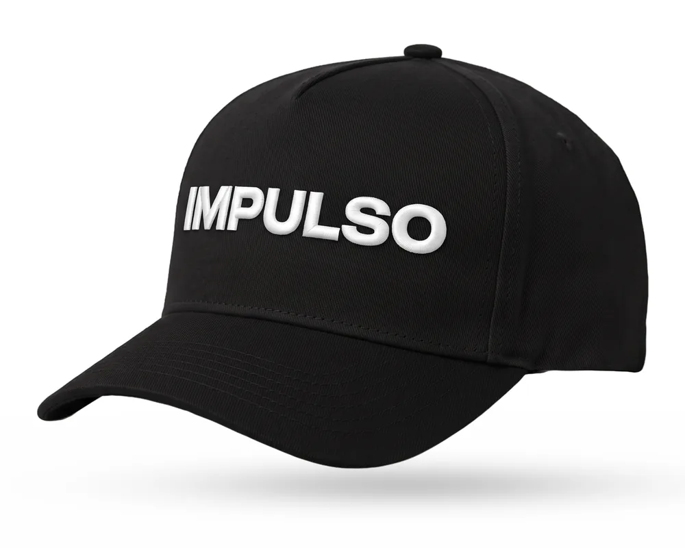 Impulso Media custom 5-panel snapback, all black with a white 3D embroidered wordmark