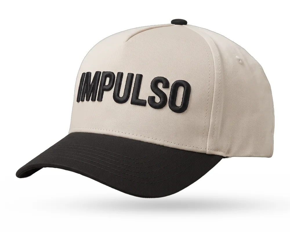 Impulso Media custom 5-panel snapback, cream crown, black brim, black 3D embroidered wordmark