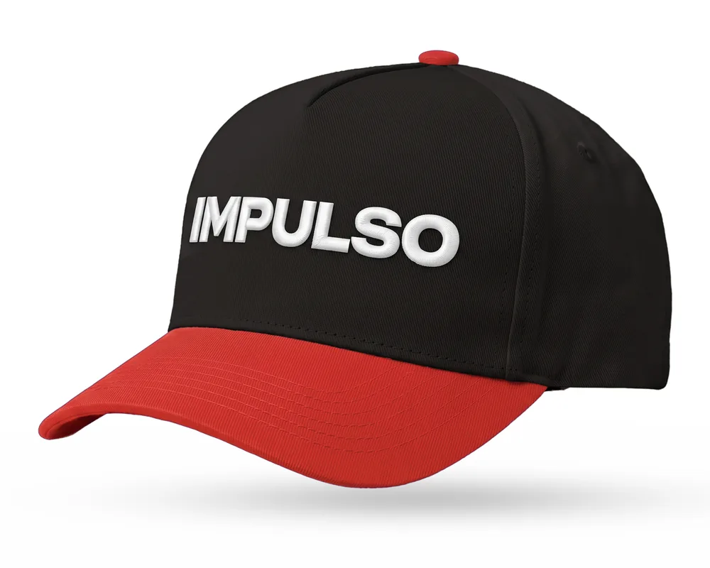 Impulso Media custom 5-panel snapback, black crown, red brim, white 3D embroidered wordmark, the featured hat