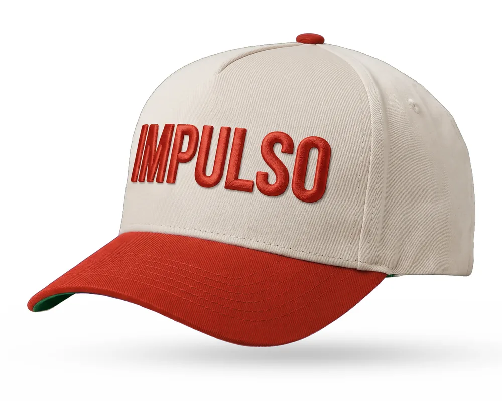 Impulso Media custom 5-panel snapback, cream crown, red brim, red 3D embroidered wordmark