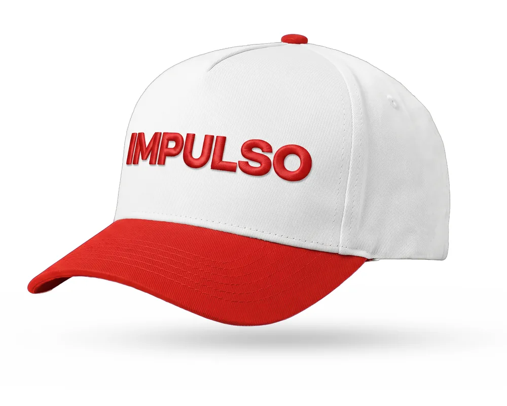 Impulso Media custom 5-panel snapback, white crown, red brim, red 3D embroidered wordmark