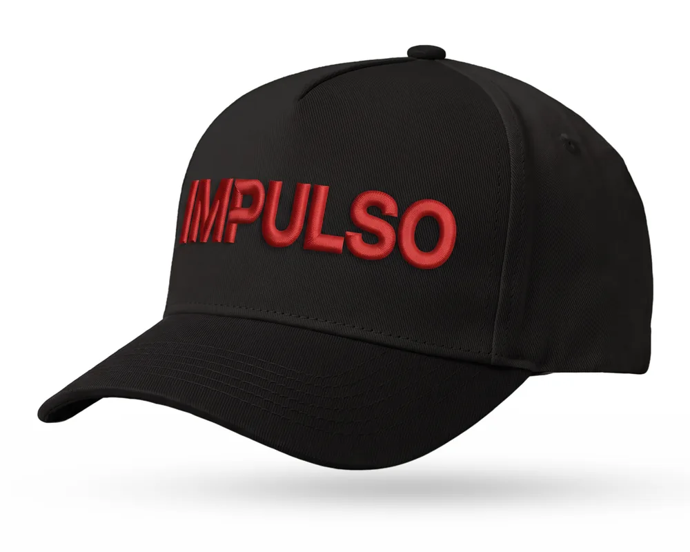 Impulso Media custom 5-panel snapback, all black with a red 3D embroidered wordmark