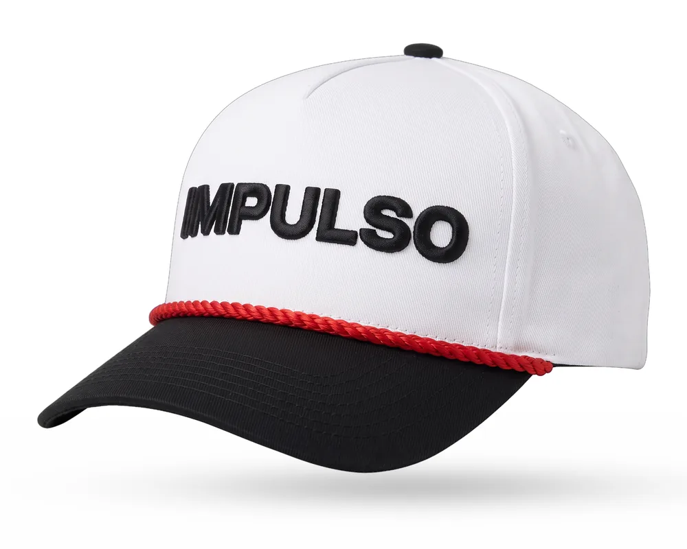 Impulso Media custom 5-panel rope snapback, white crown, black brim, red rope, black 3D embroidered wordmark