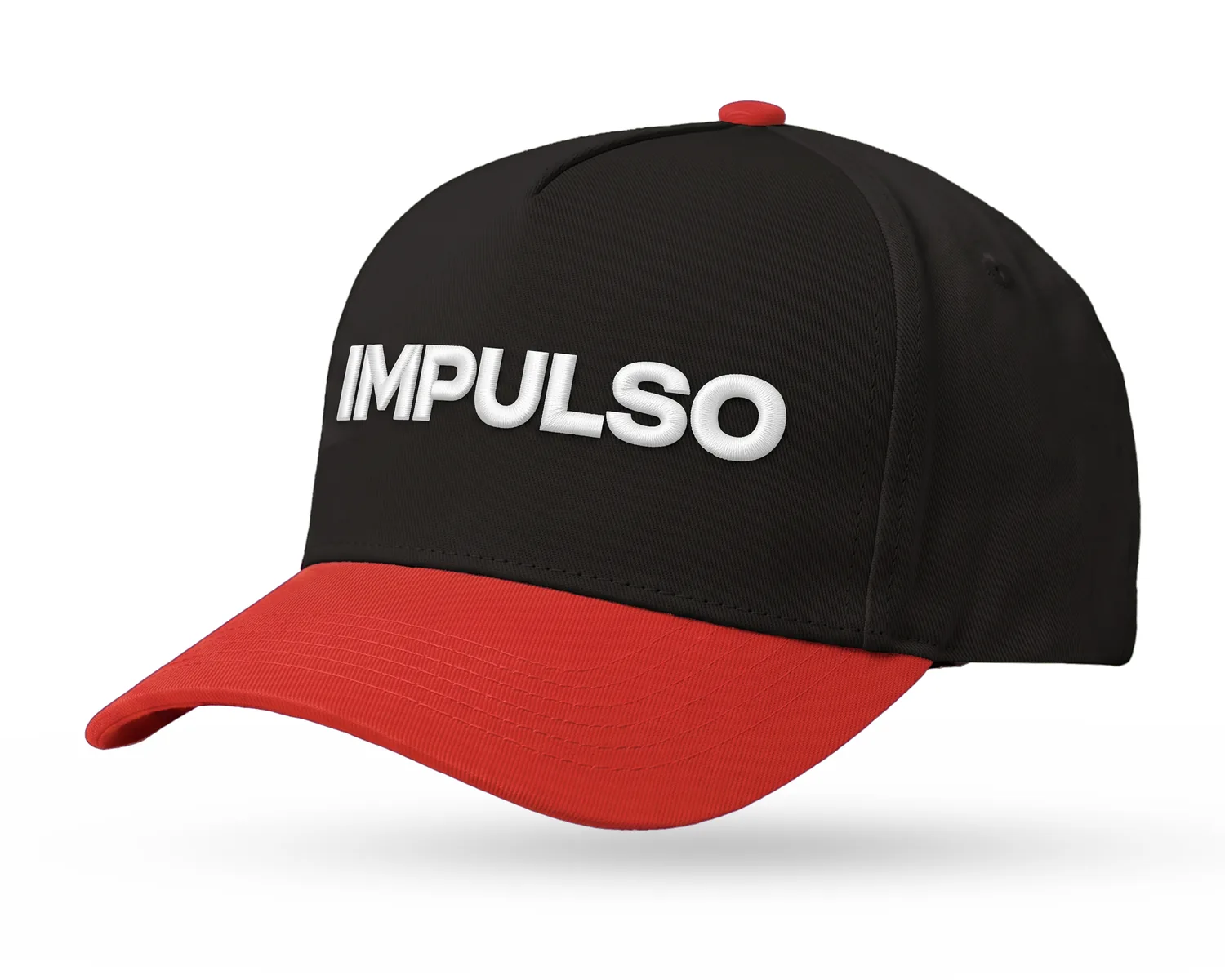 Impulso Media custom 5-panel snapback with a black crown, red brim and white 3D puff embroidered IMPULSO wordmark