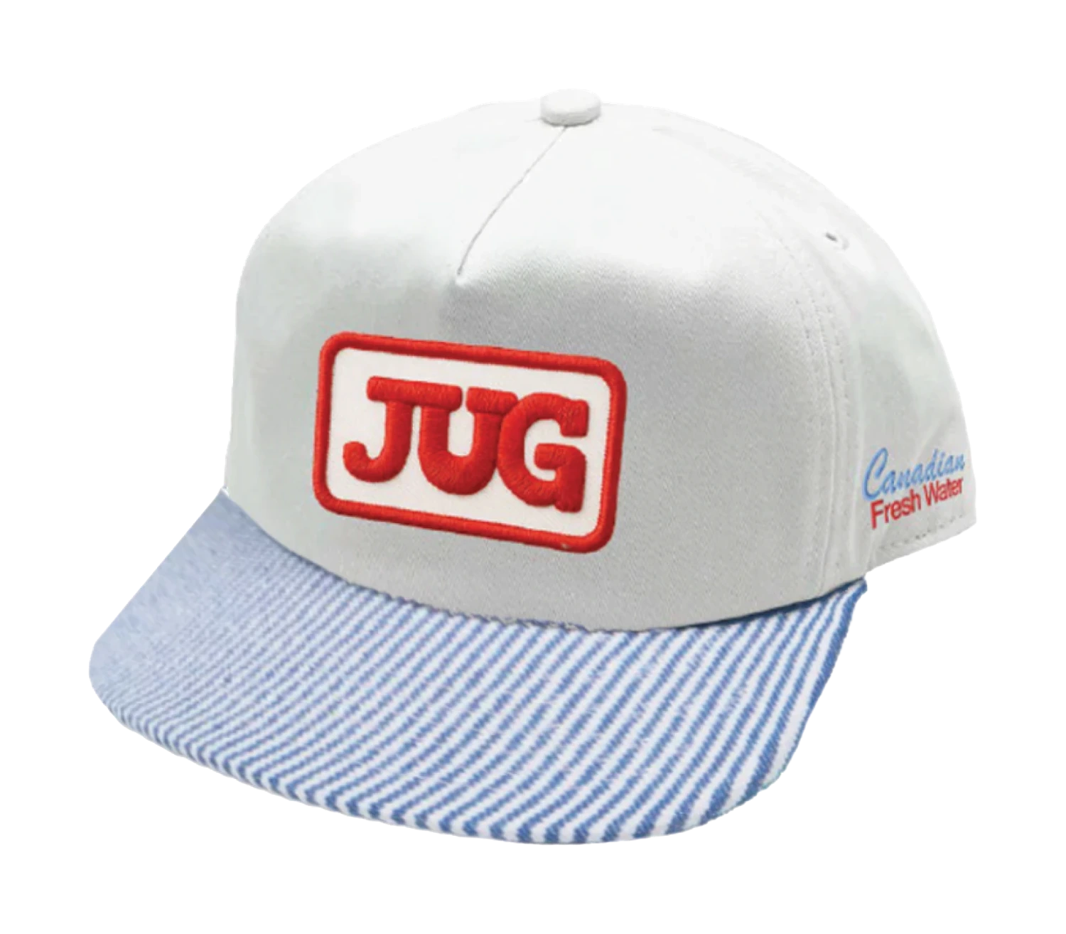 JUG canned water cap with a seersucker brim and woven patch