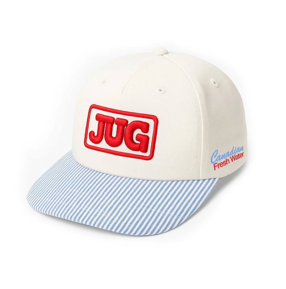 JUG Delivery Brim: white 5-panel snapback with a blue and white striped brim and 3D embroidered JUG patch