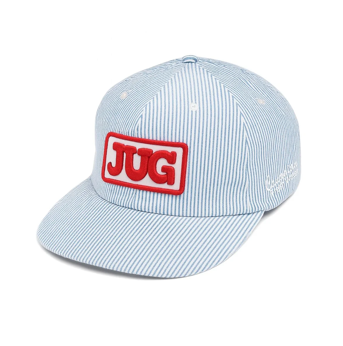 JUG Delivery Hat: full blue and white hickory stripe 5-panel cap with leather strapback and 3D embroidered JUG patch