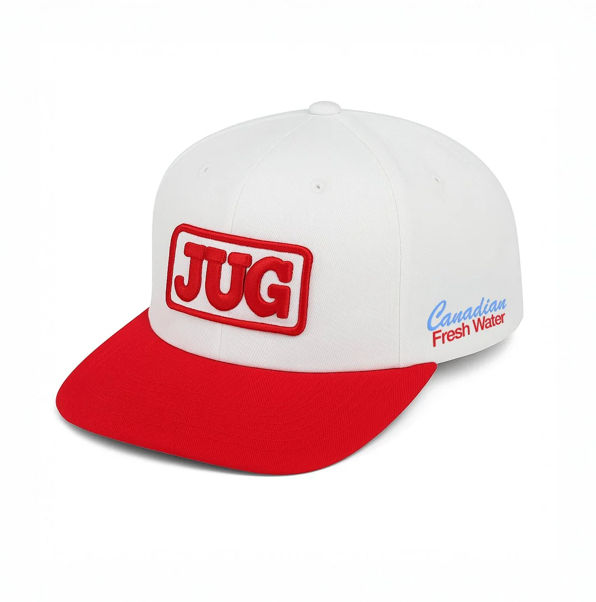 JUG Red Top Hat: white 5-panel snapback with a red flat brim and 3D embroidered JUG patch