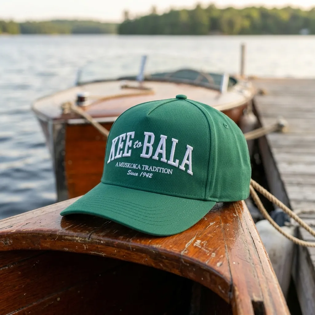 Forest green KEE to Bala custom snapback resting on a vintage wooden boat at a Muskoka dock