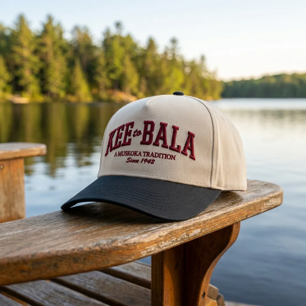 The KEE to Bala custom snapback with raised 3D embroidery on a Muskoka chair by the lake