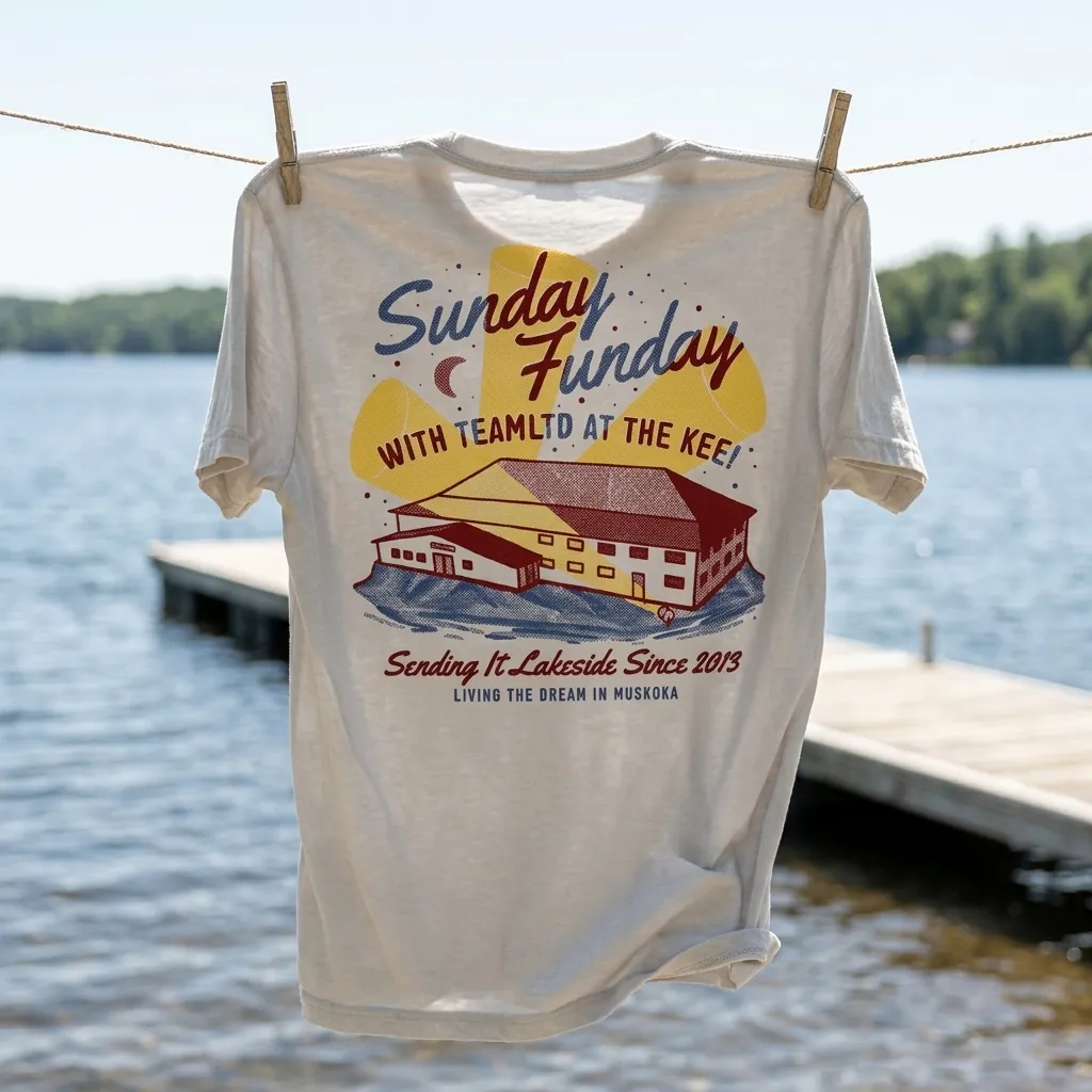 The Kee to Bala Sunday Funday merch on the dock in Bala, Muskoka
