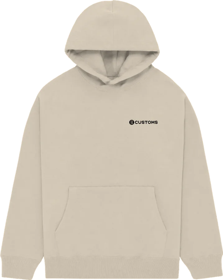 Custom heavyweight pullover hoodie in sand with embroidered left-chest logo, Canada