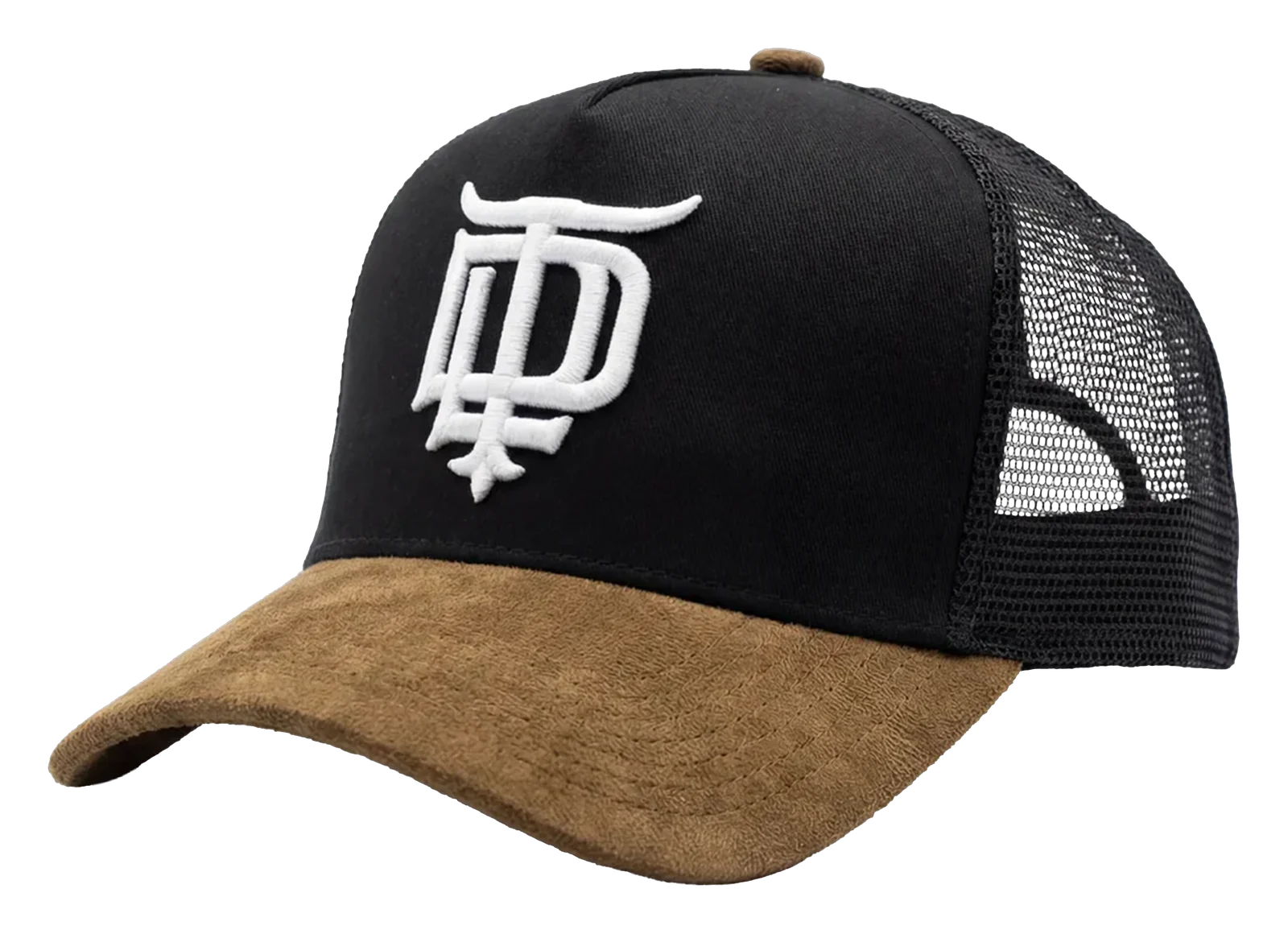 Black trucker with white 3D monogram and suede brim