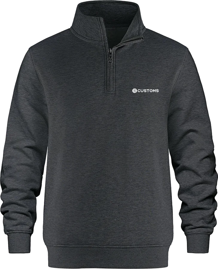 Custom charcoal quarter-zip sweatshirt with an embroidered left-chest logo