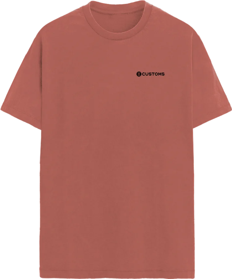 Custom garment-dyed heavyweight t-shirt in clay with a left-chest print
