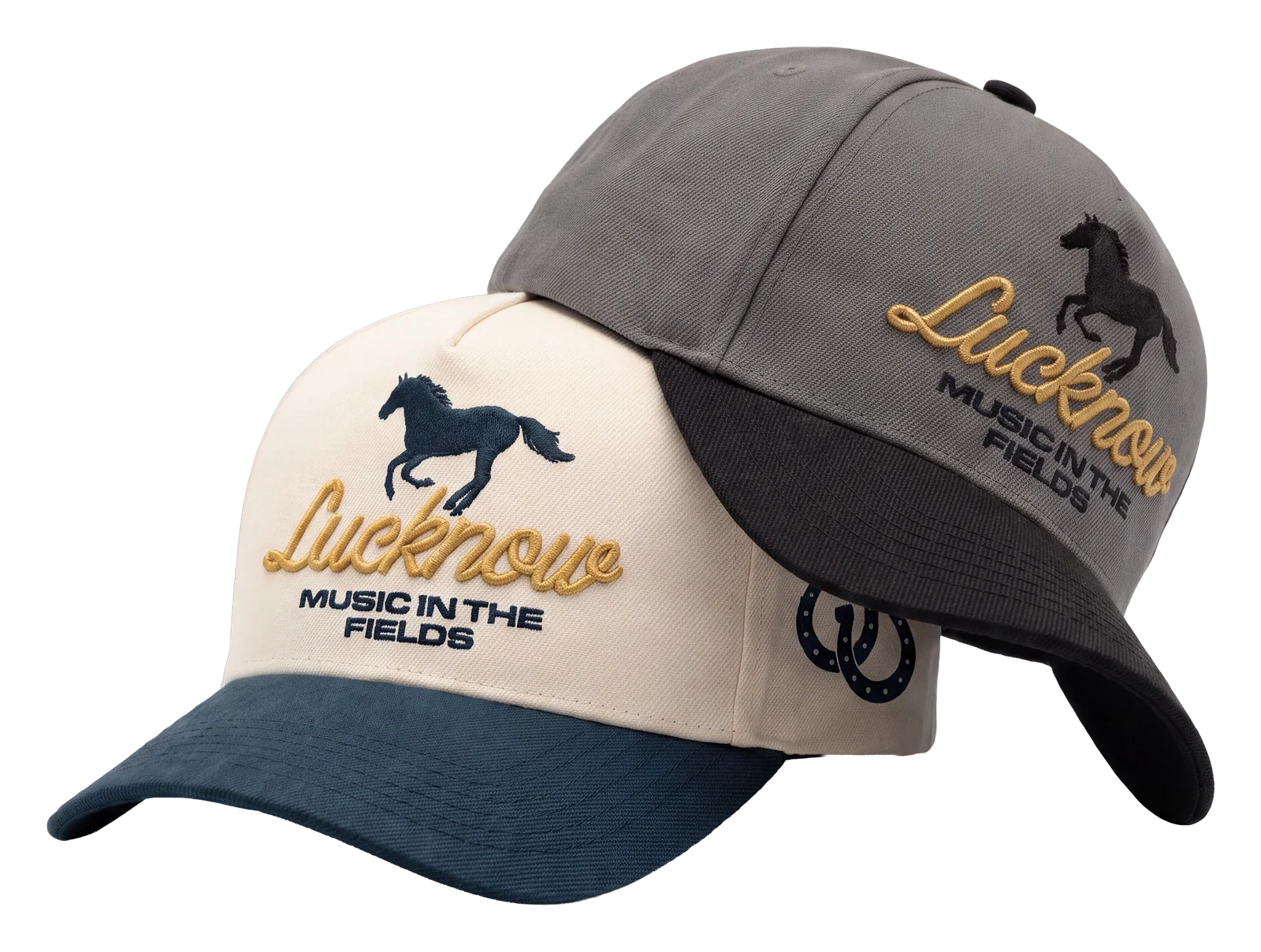 Two Lucknow Music in the Fields hats with side-panel horse embroidery