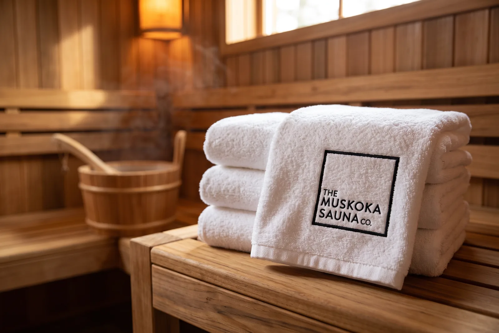 Stack of white luxury towels with The Muskoka Sauna Co square logo embroidered in black thread, on a cedar sauna bench
