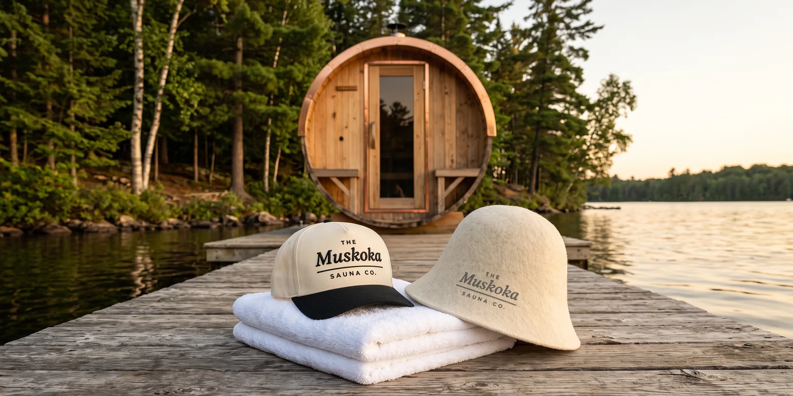 The Muskoka Sauna Co cream and black snapback, towels and an ivory felt sauna hat on a dock by a cedar barrel sauna