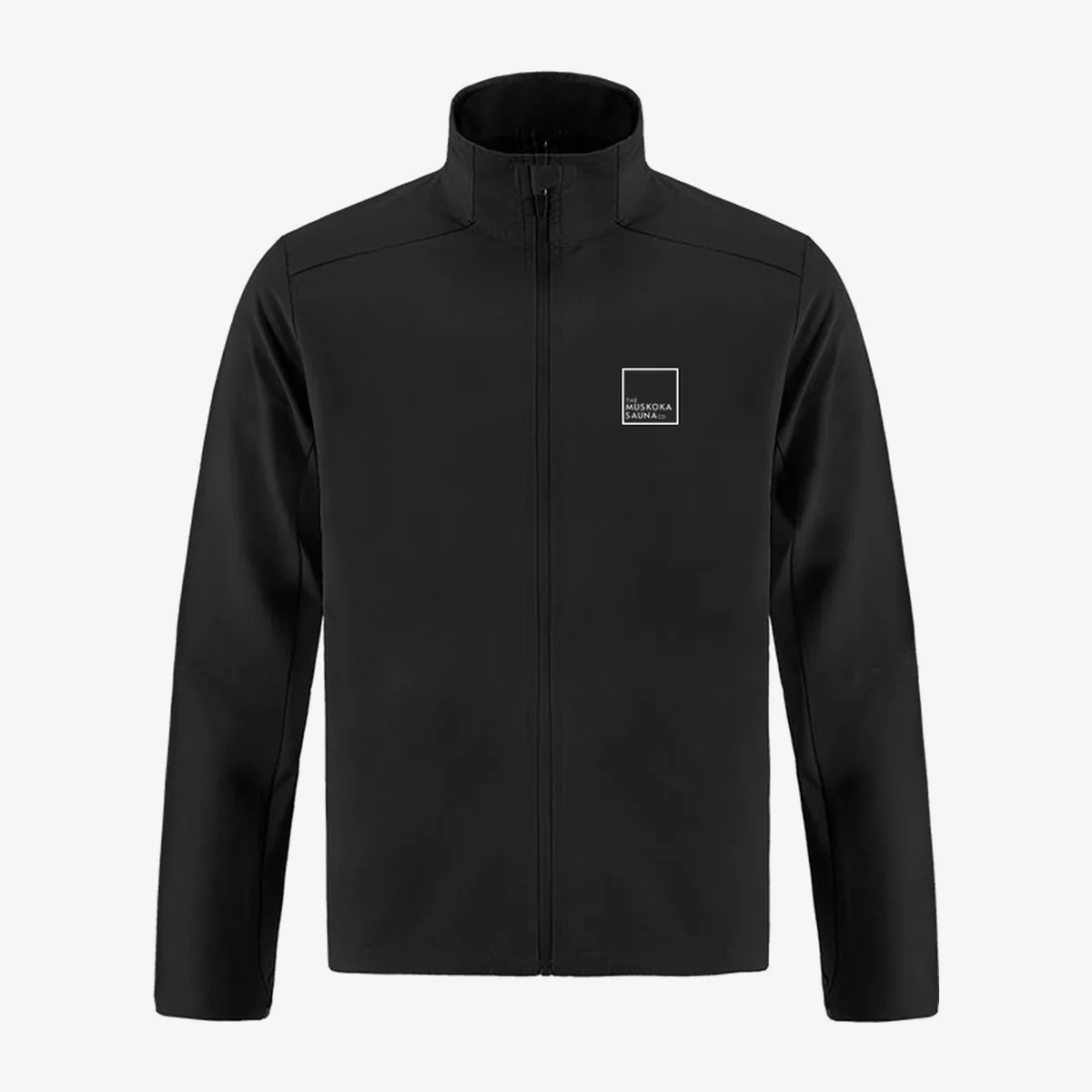 The Muskoka Sauna Co black zip jacket with a small embroidered square logo on the left chest