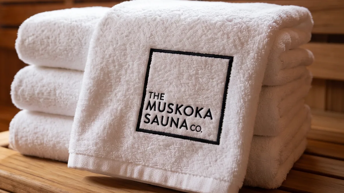 White luxury towel with The Muskoka Sauna Co square logo embroidered, on a cedar sauna bench