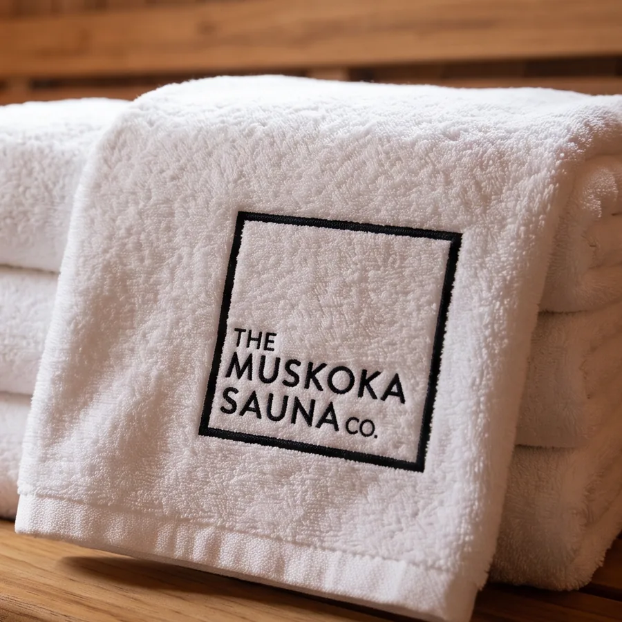 White luxury towel with The Muskoka Sauna Co square logo embroidered, on a cedar sauna bench