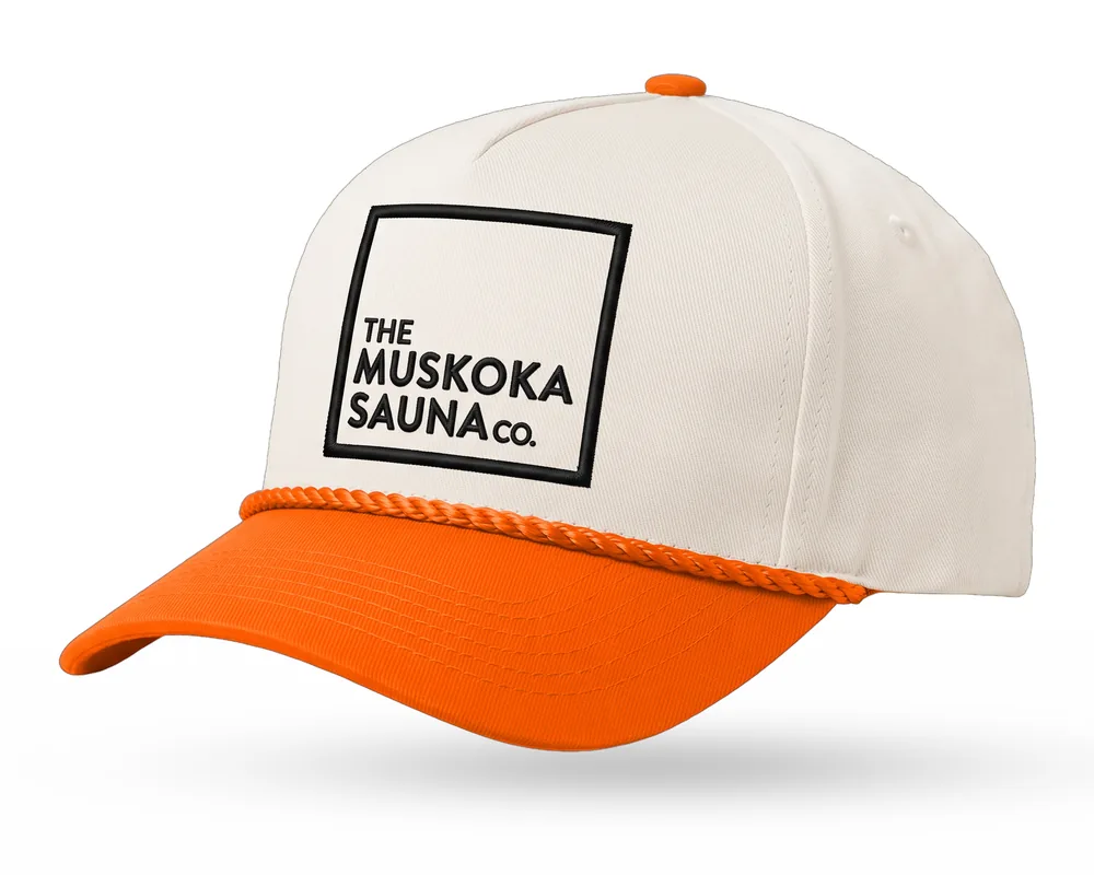 The Muskoka Sauna Co custom 5-panel rope snapback, bone crown, ember orange brim and rope, black embroidered square logo